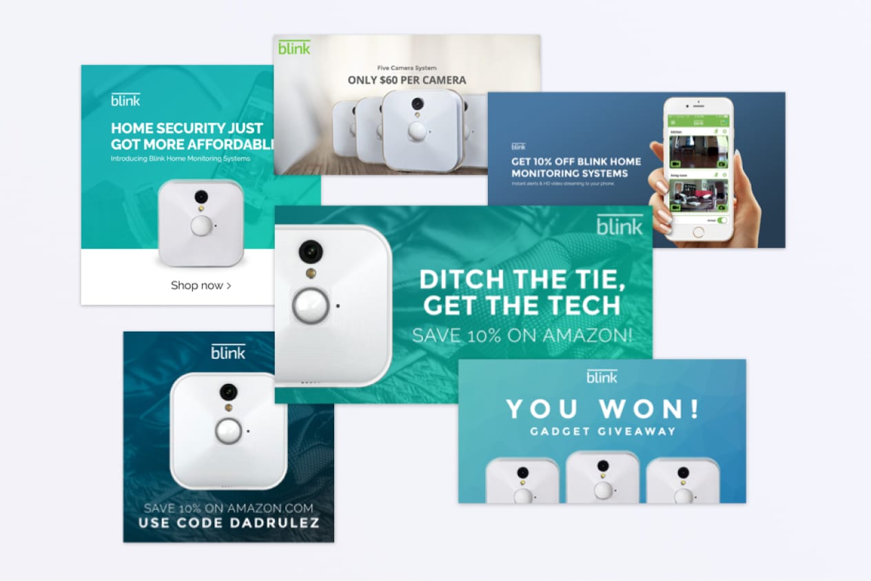 Blink home security camera advertisements showcasing affordability, discounts, and giveaway promotions.