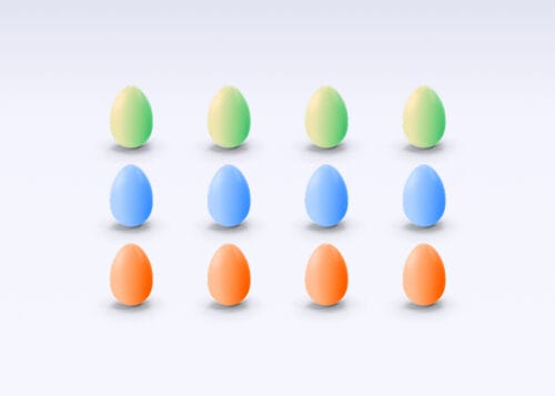 Twelve colorful Easter eggs arranged in a grid pattern on a light background.