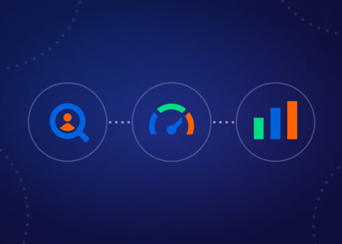 Three icons representing search, speed, and growth on a dark blue, showing the steps in the SDR process from sourcing to performance and results