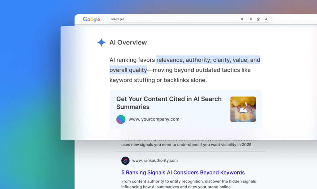 Guide on AI's role in SEO with emphasis on relevance, authority, clarity, and quality highlighted in a Google search example.
